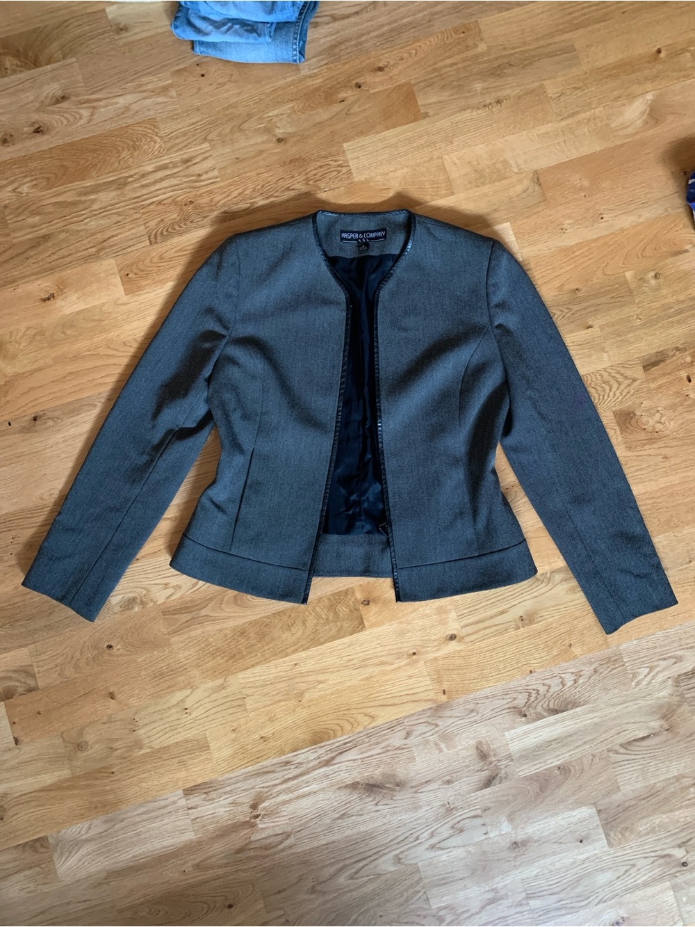 Kasper & Company ASL Grey Vintage Collarless Blazer Leather Detail Shoulder Pads